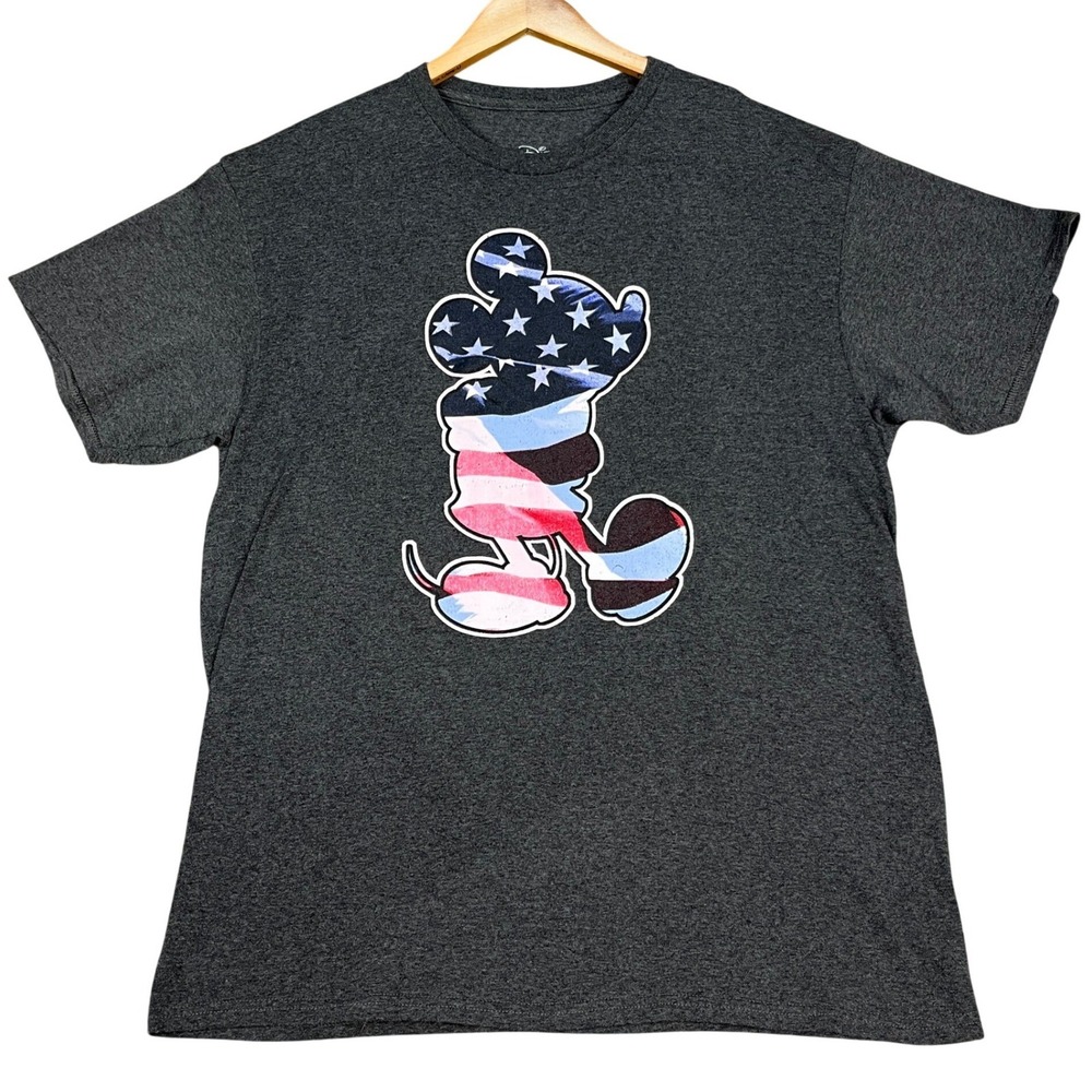 Disney T-Shirt Mens Large Charcoal Gray‎ Mickey Mouse Patriotic Flag Distressed